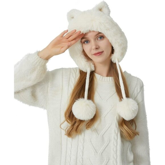 Women Cream White Winter Peruvian Cover Ears Beanie Hat Ear Flaps Sherpa Snow main image 4